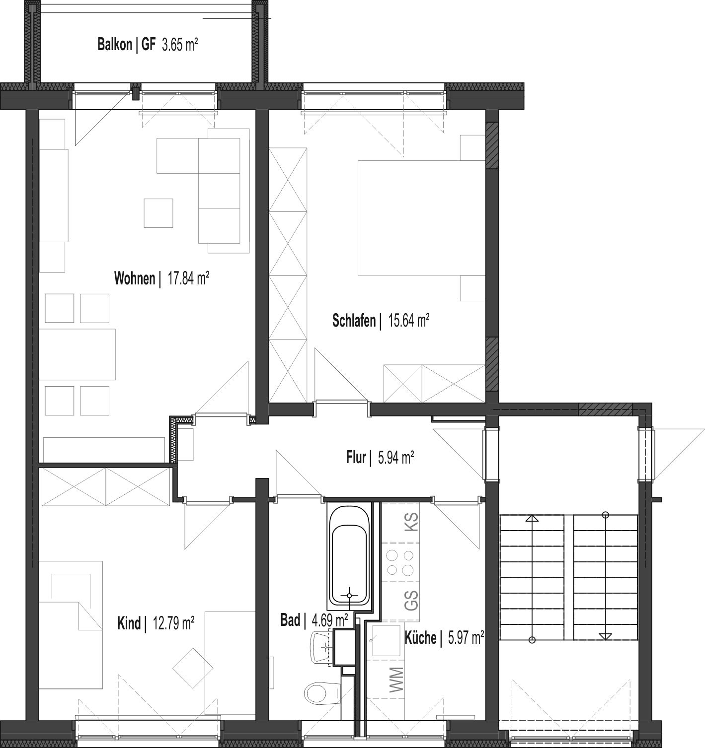 Grundriss 3-Raum Wohnung Links - Yorckstraße 36 B-e | Online-Exposé